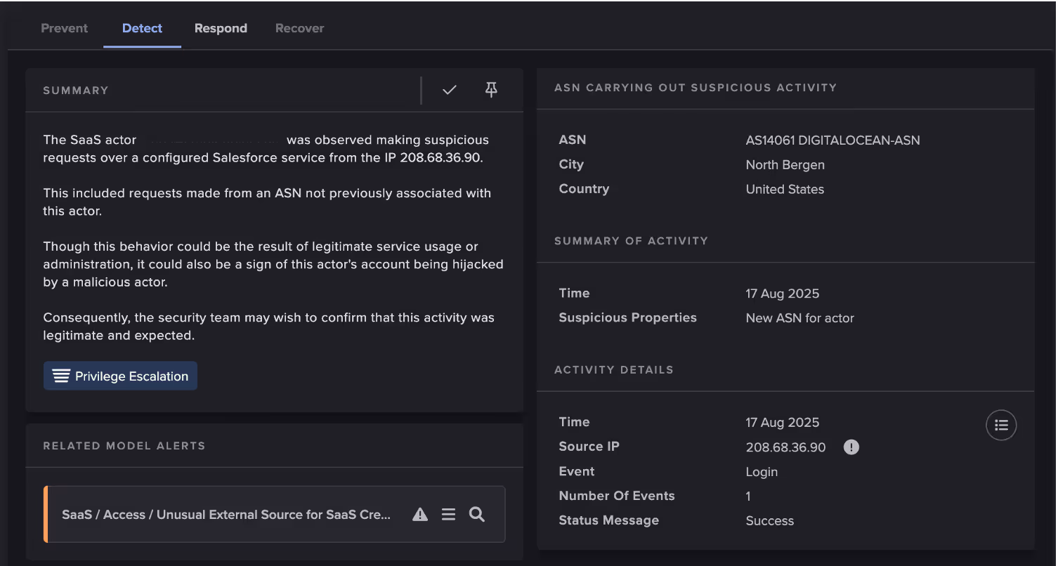 Cyber AI Analyst Incident summarizing the suspicious login seen for the account.