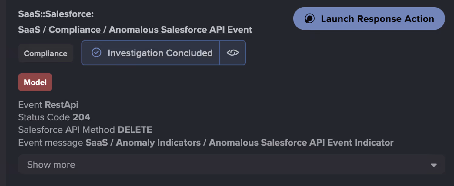 An example model alert for the user, triggered due to an anomalous API DELETE request.
