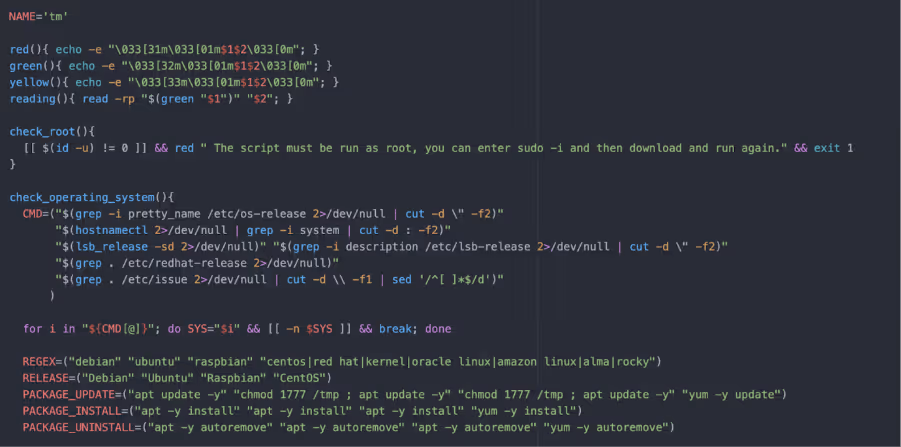 Screenshot of function "tm" performing system checks