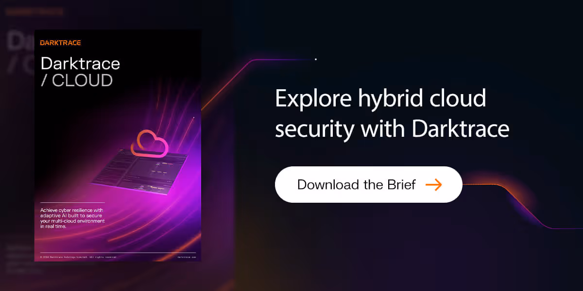 Darktrace Cloud ad promoting hybrid cloud security with AI.