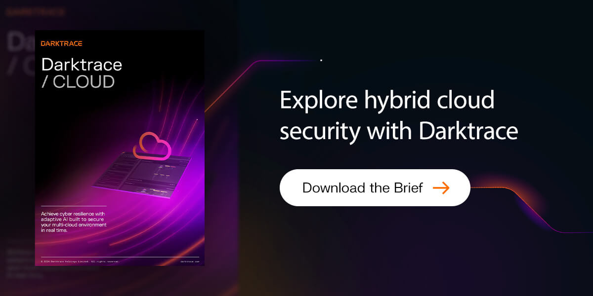 Darktrace Cloud ad promoting hybrid cloud security with AI.