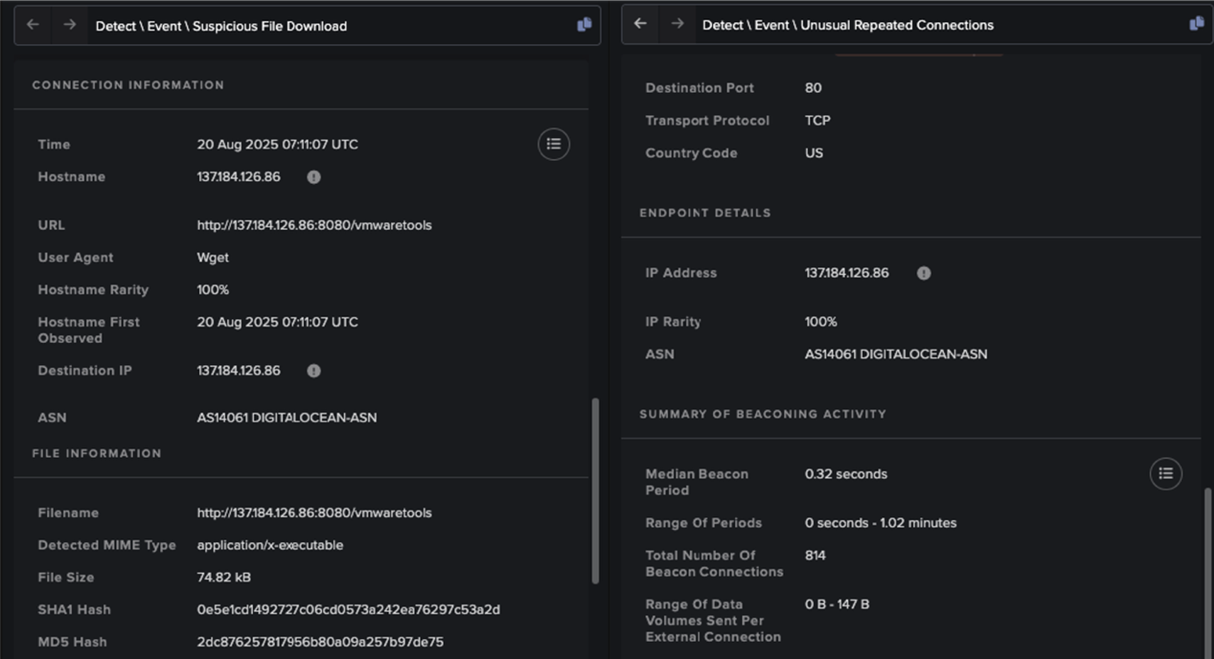 Cyber AI Analyst investigation into the suspicious file download and suspected C2 activity between the ESXI device and the external endpoint 137.184.243[.]69.