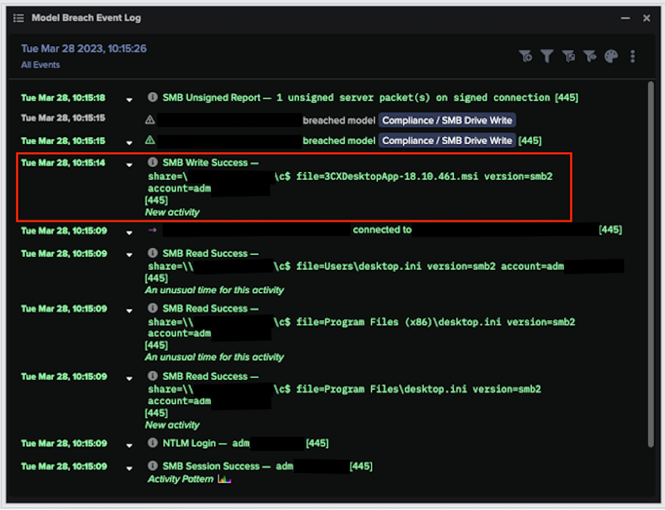 This Model Breach Event log highlights the moment Darktrace captured the msi application file for the 3CXDesktopApp being transferred internally on this customer’s network