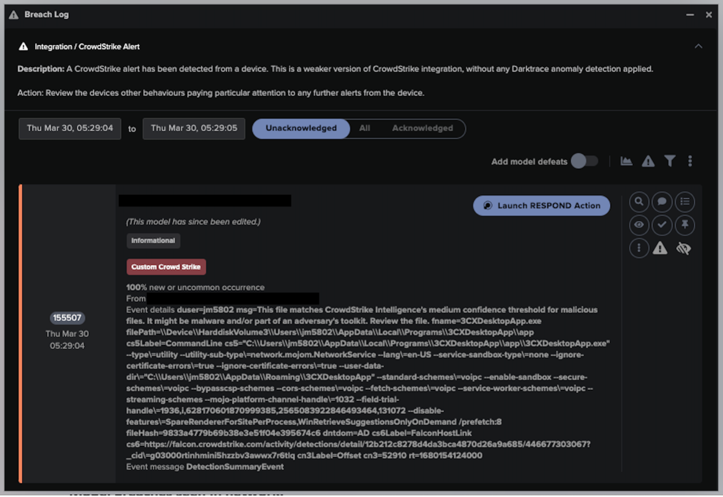 CrowdStrike integration model breach identifying 3CXDesktopApp[.]exe as possible malware 