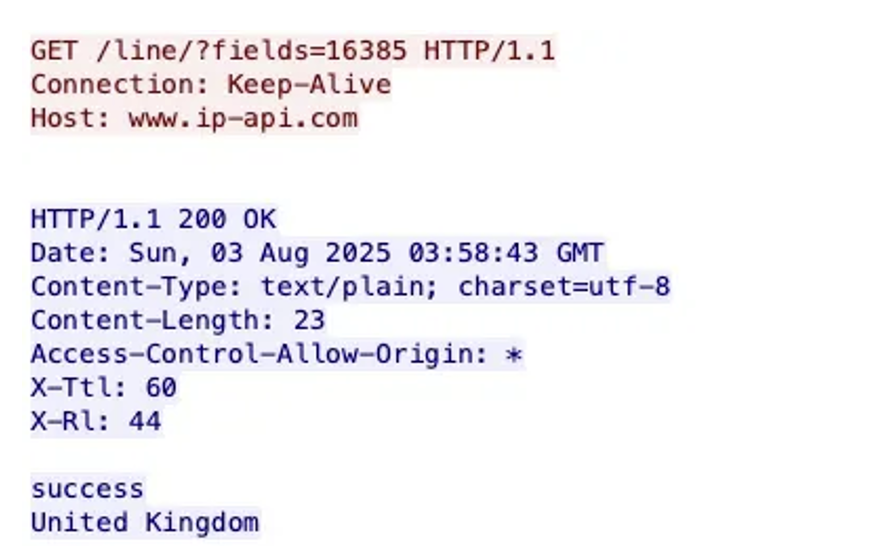 Packet Capture (PCAP) of PyNightShade, the Python-based variant of CastleRAT, communicating with the geolocation API service ip-api[.]com.