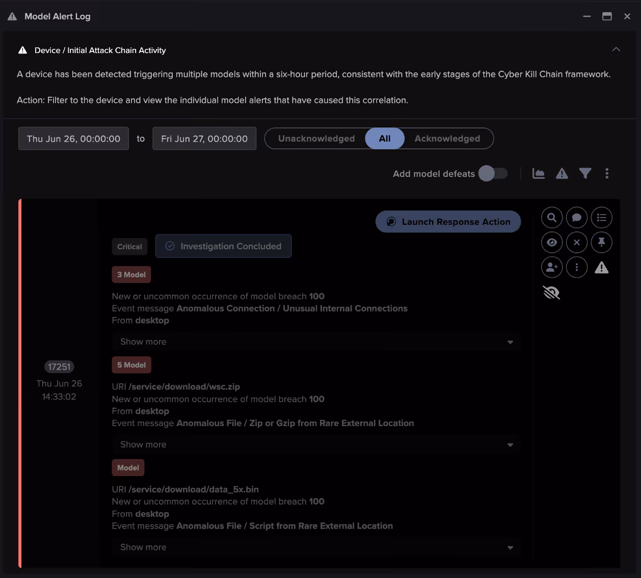 Darktrace detected an unusual ZIP file download alongside the anomalous script, followed by internal connectivity. This activity was correlated under an Enhanced Monitoring model.