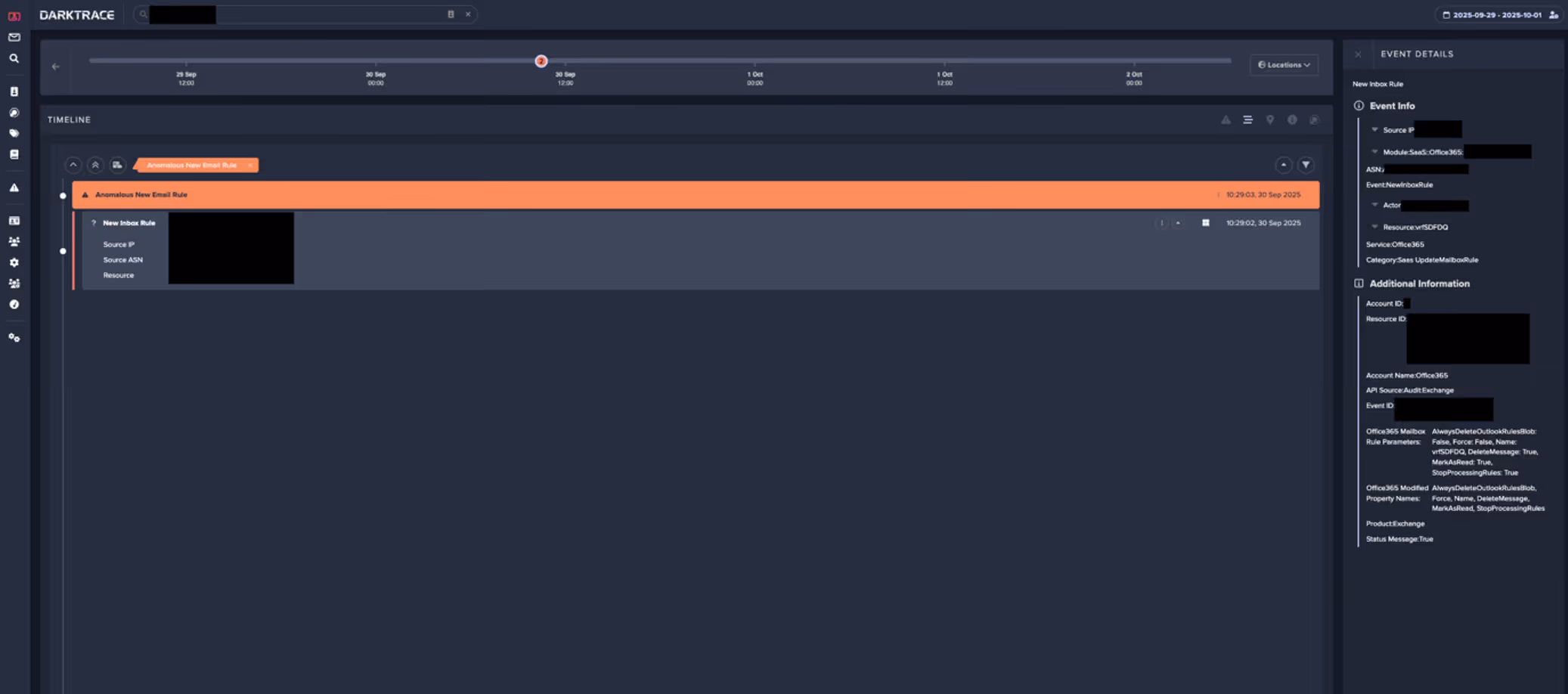 Darktrace’s detection of the anomalous email rule creation.