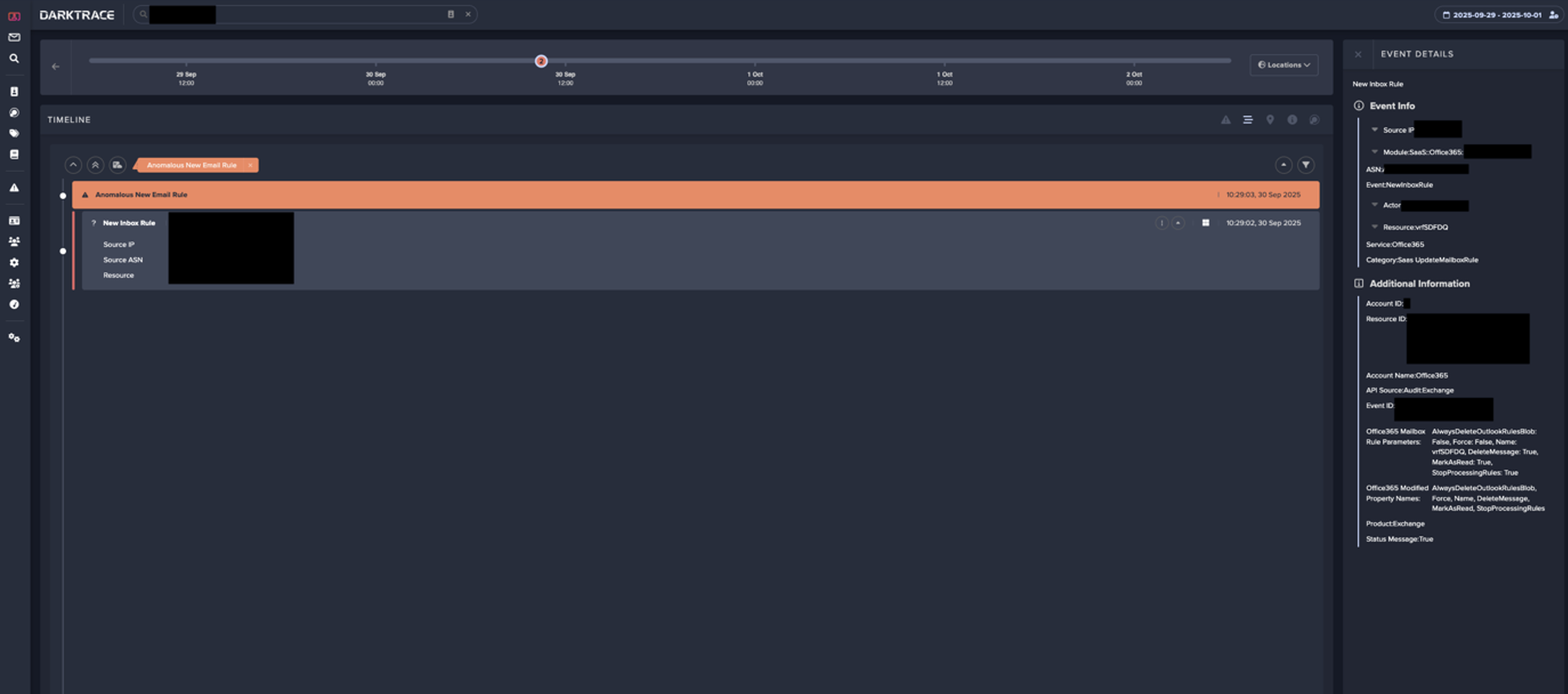 Darktrace’s detection of the anomalous email rule creation.