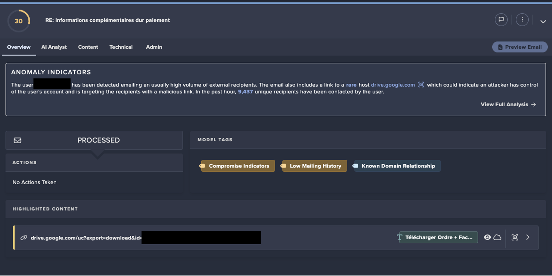 Darktrace / EMAIL’s detection of the compromised account sending over 9,000 external phishing emails, containing an unusual Google Drive link.