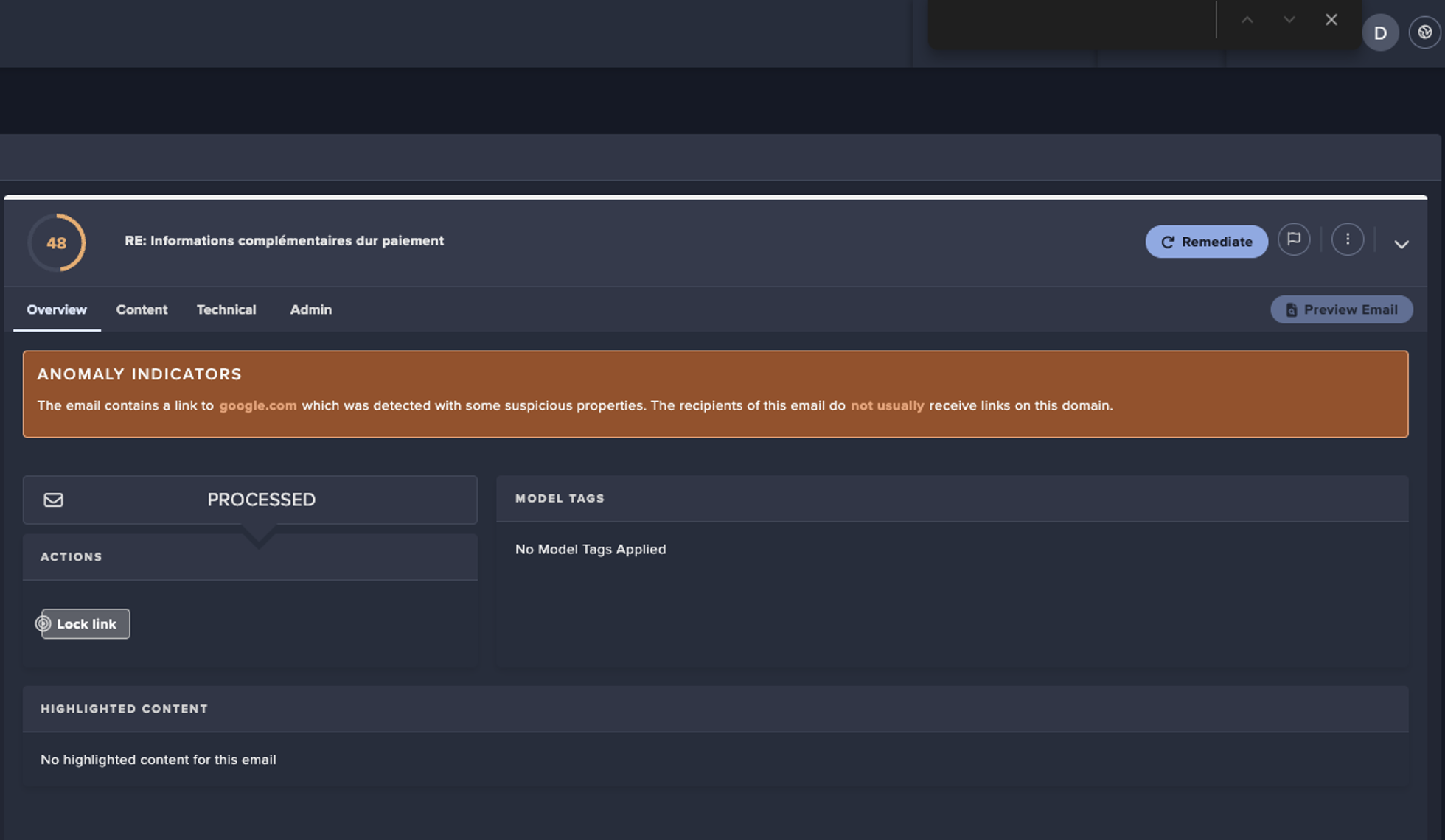 Autonomous Response suggesting locking the malicious Google Drive link sent in internal phishing emails.