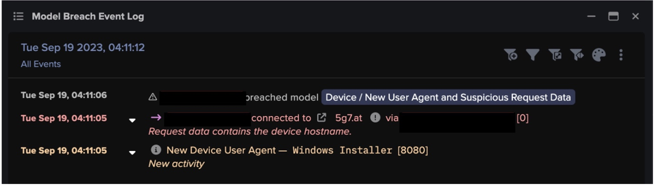 Figure 2: Model Breach Event Log displaying the events that triggered the the ‘New User Agent and Suspicious Request Data’ DETECT model breach.