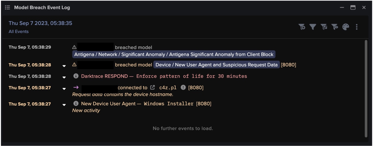 Model Breach Event Log showing RESPOND’s actions against connections to Raspberry Robin C2 endpoints.