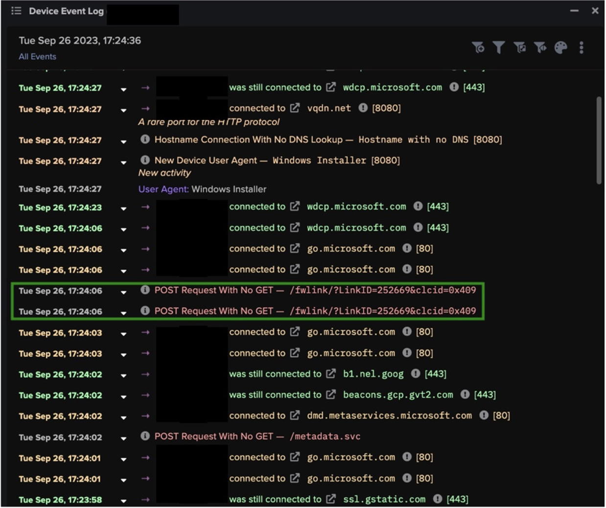 Figure 1: Device Event Log showing an affected device making connections to Microsoft endpoints, prior to contacting the Raspberry Robin C2 endpoint ‘vqdn[.]net’. 