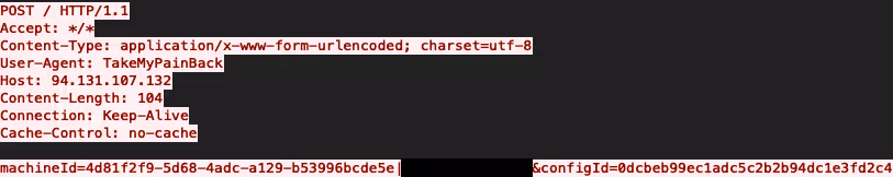 PCAP showing a device making an HTTP POST request with the User Agent header ‘TakeMyPainBack’