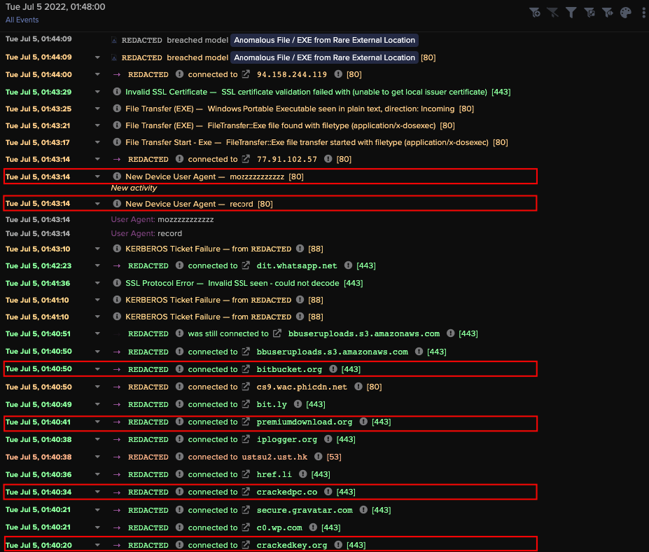 The Event Log for an infected device,