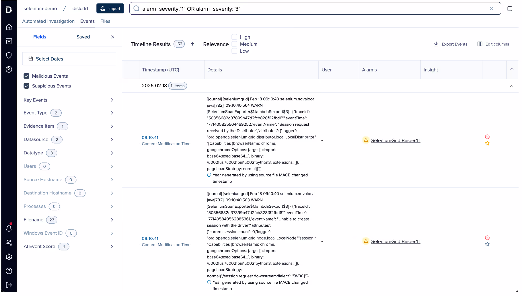 The timeline view filtered to alarm_severity: “1” OR alarm_severity: “3”, showing only events that matched an alarm rule.