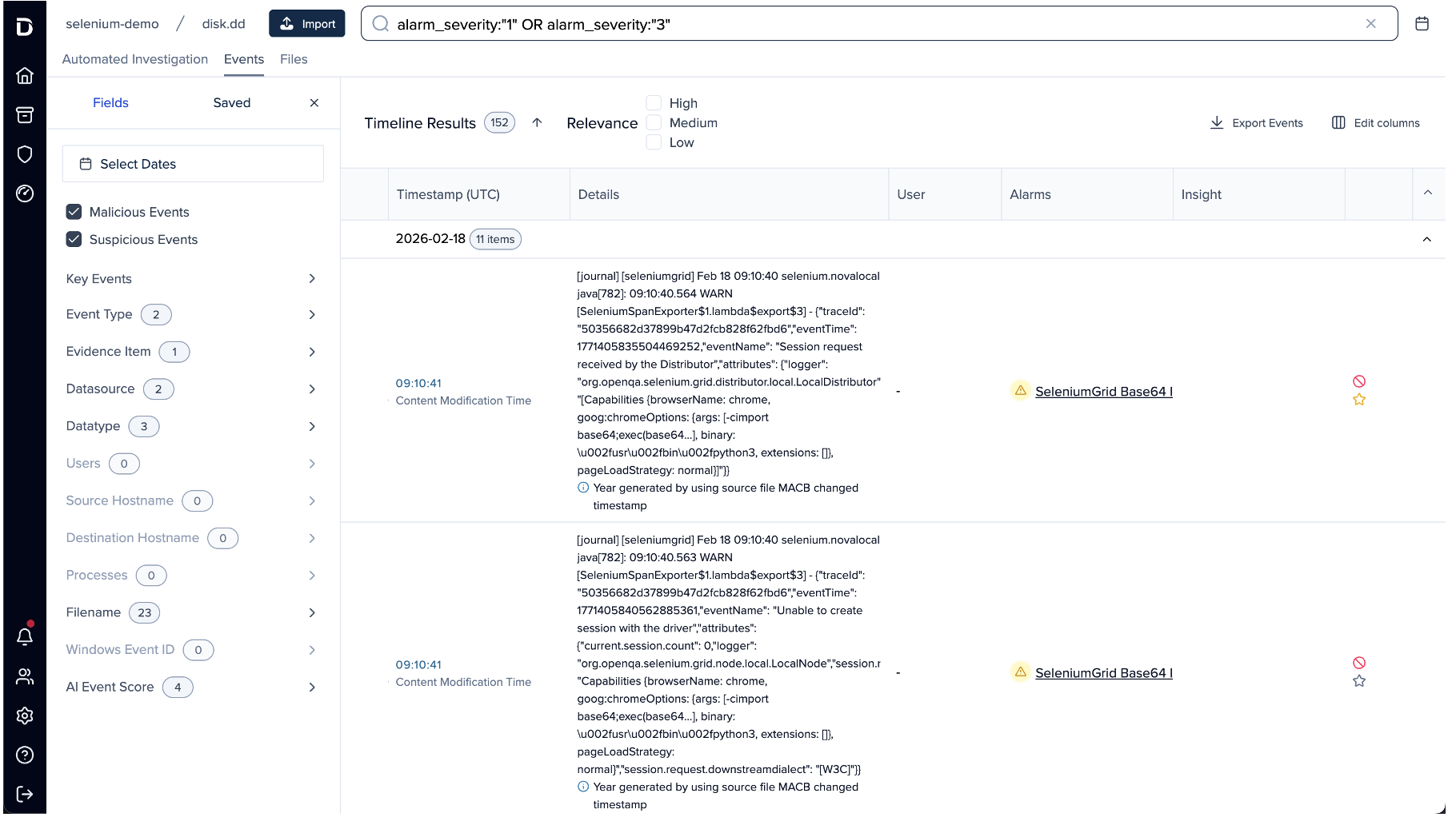  The timeline view filtered to alarm_severity: “1” OR alarm_severity: “3”, showing only events that matched an alarm rule.