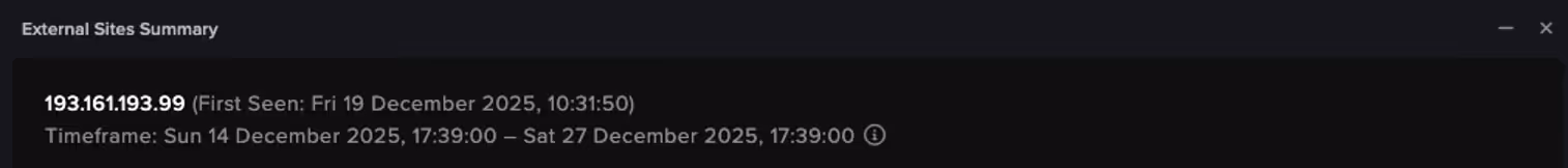 Darktrace’s detection of the IP address 193.161.193[.]99, noting that it was first seen within the customer’s network on December 19, 2025.