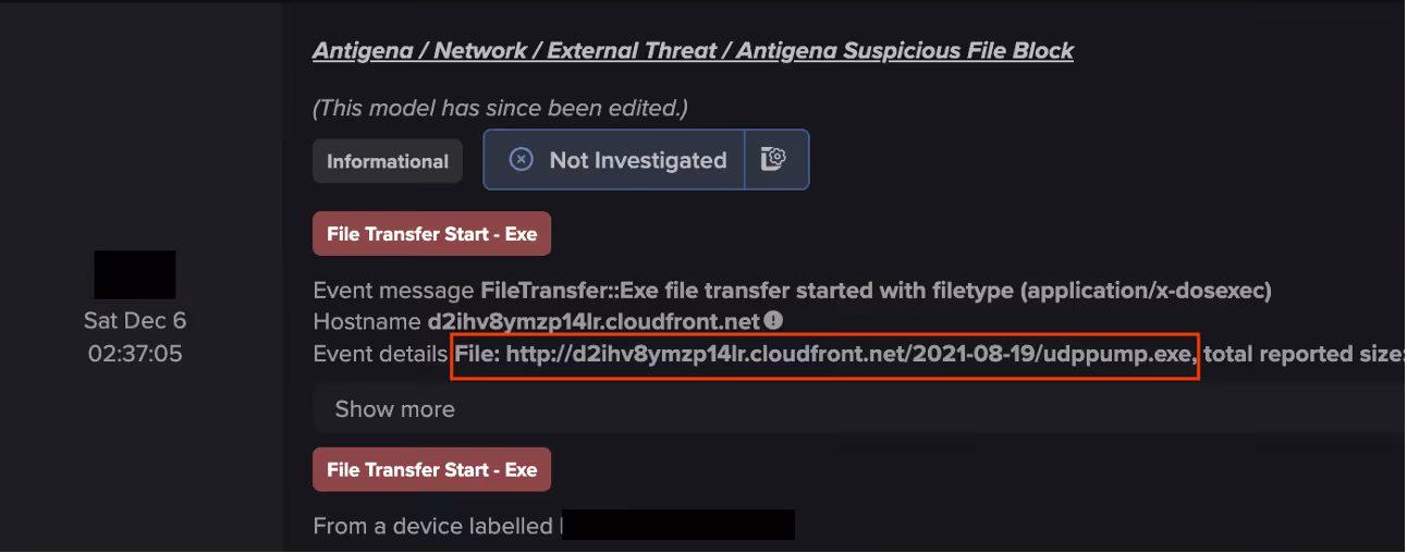 Darktrace’s detection of additional malicious file downloads from malicious CloudFront endpoints.