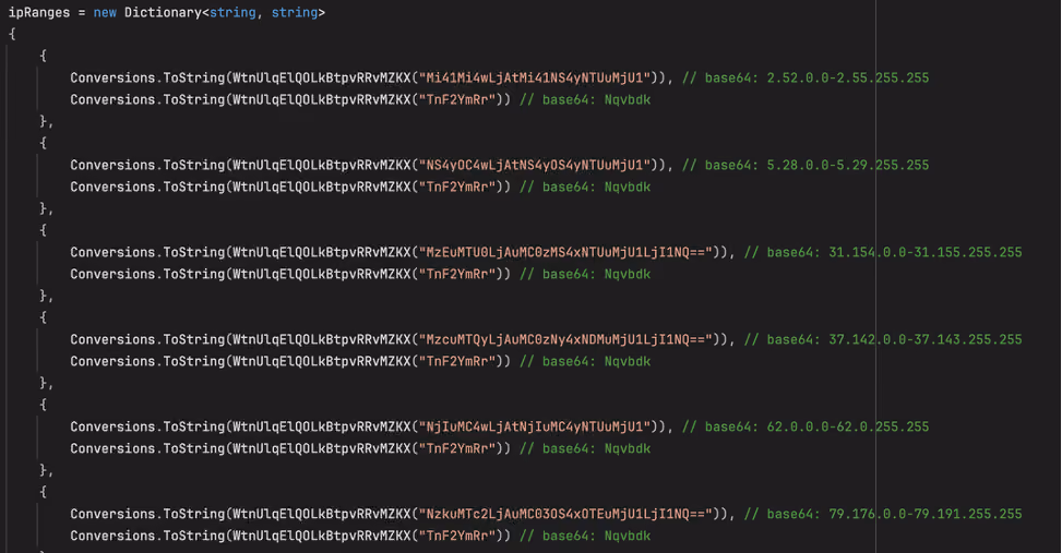 The malware obfuscates the IP ranges by encoding them in Base64.