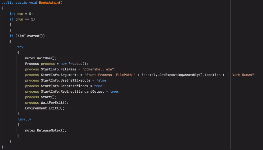 The “RunAsAdmin” function from the malware sample.