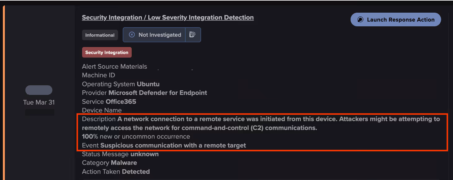 A Security Integration Alert from Microsoft Defender for Endpoint associated with the Axios supply chain attack. 