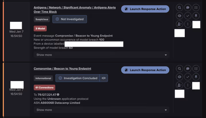 Initial Beaconing to Young Endpoint alert behavior, involving the known tunnel/proxy endpoint ‘79.127.221[.]47’.