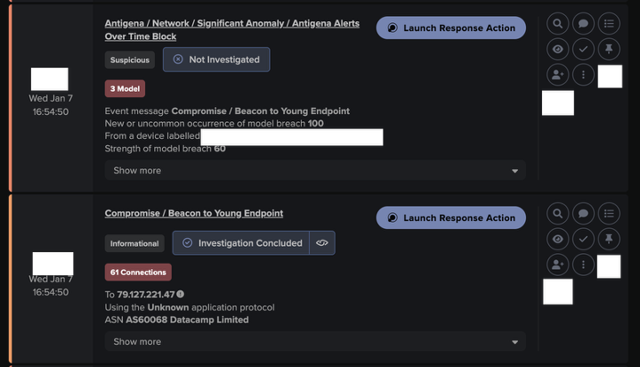 Initial Beaconing to Young Endpoint alert behavior, involving the known tunnel/proxy endpoint ‘79.127.221[.]47’.