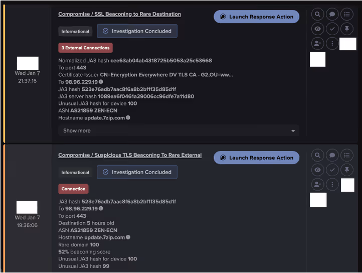 Darktrace observed TLS beaconing alerts to the known trojanized installer, update[.]7zip[.]com · 98.96.229[.]19, over port 443 on January 7th.