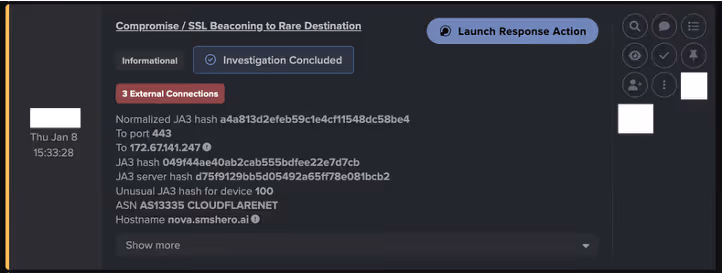 On January 8th, Darktrace observed SSL beaconing to a rare destination which was attributed to a known ‘config/control domain’, nova[.]smshero[.]ai.