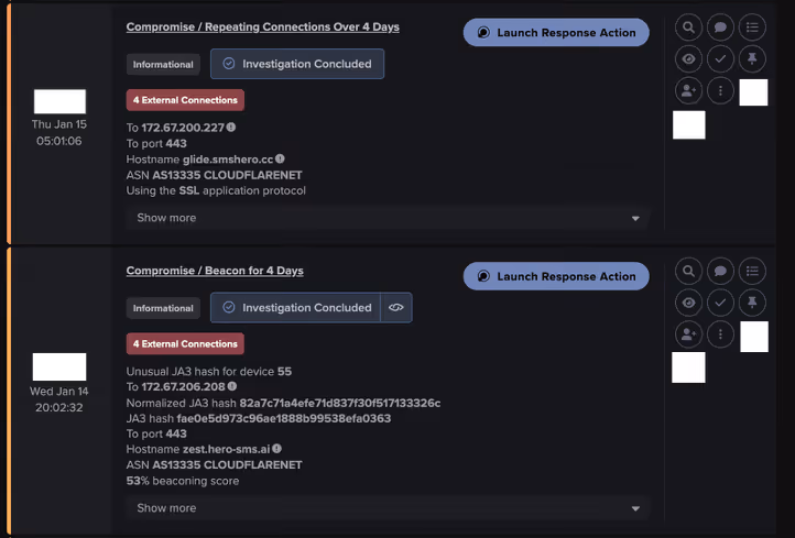 Darktrace later observed continued beaconing alerts over a 4-day interval to additional rare destinations attributed to a known ‘config/control domain’, zest[.]hero-sms[.]ai & glide[.]smshero[.]cc.