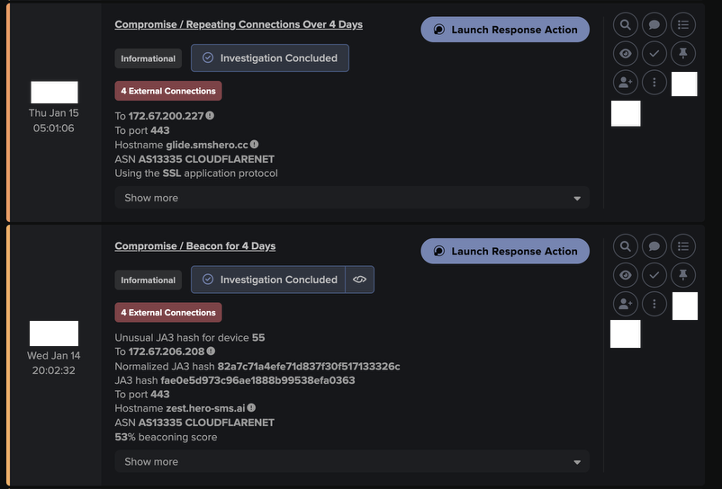 Darktrace later observed continued beaconing alerts over a 4-day interval to additional rare destinations attributed to a known ‘config/control domain’, zest[.]hero-sms[.]ai & glide[.]smshero[.]cc.