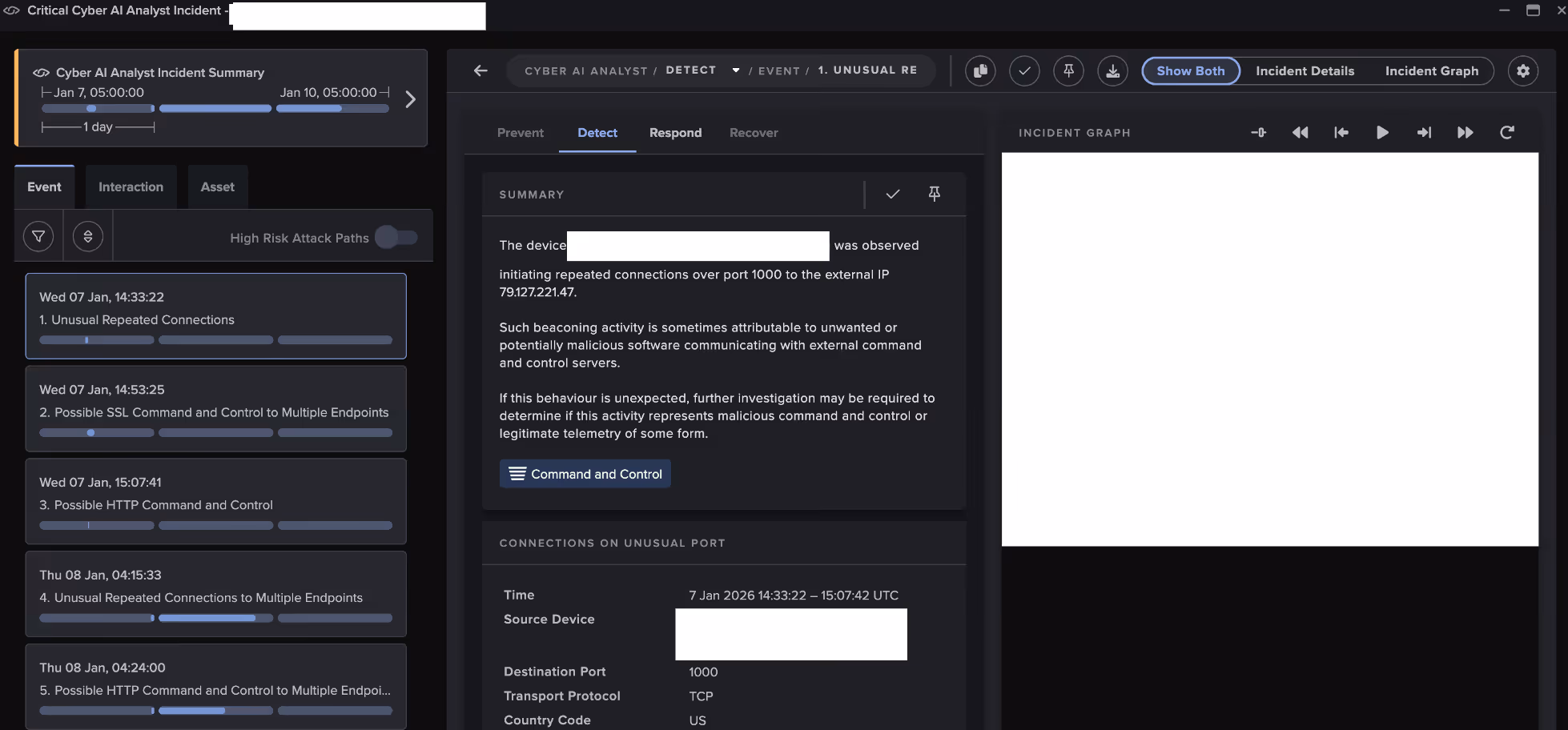 Darktrace AI Analyst Coverage, showcasing multiple incident events that occurred on January 7th & 8th, highlighting associated malicious 7-zip behaviors.