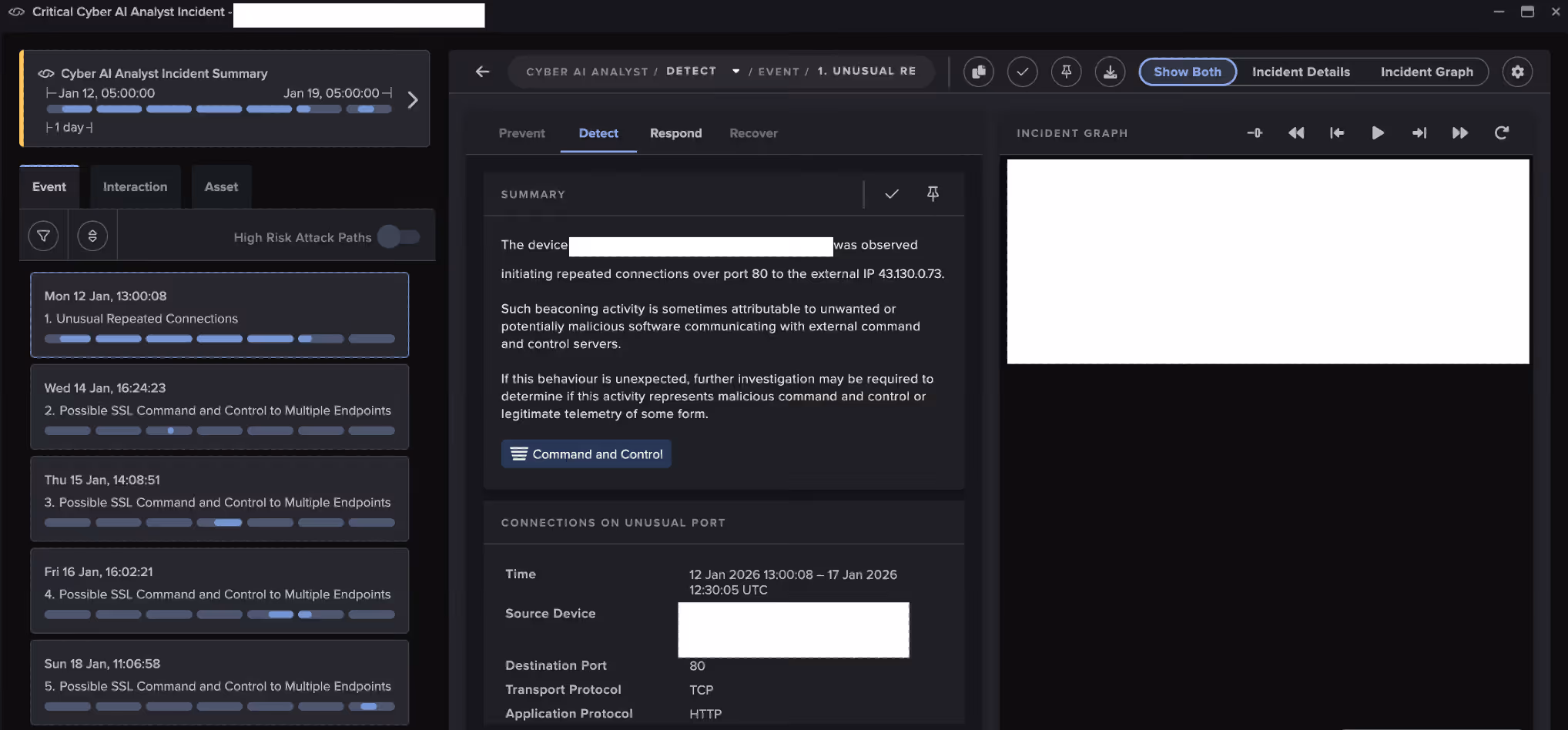  Darktrace AI Analyst Coverage, showcasing additional incident events that occurred on January 12th through 18th, highlighting malicious 7-zip behaviors and SSL connectivity.