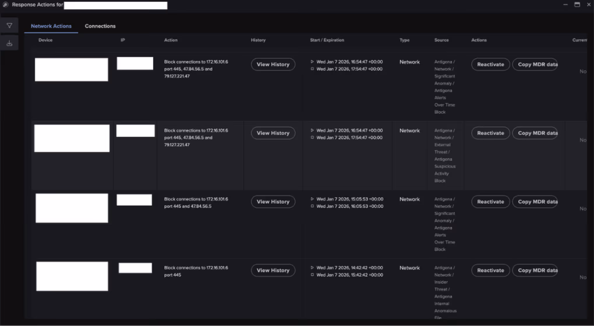 Darktrace Autonomous Response Action Coverage showcasing connection block connection events including various endpoints that occurred on January 7th.