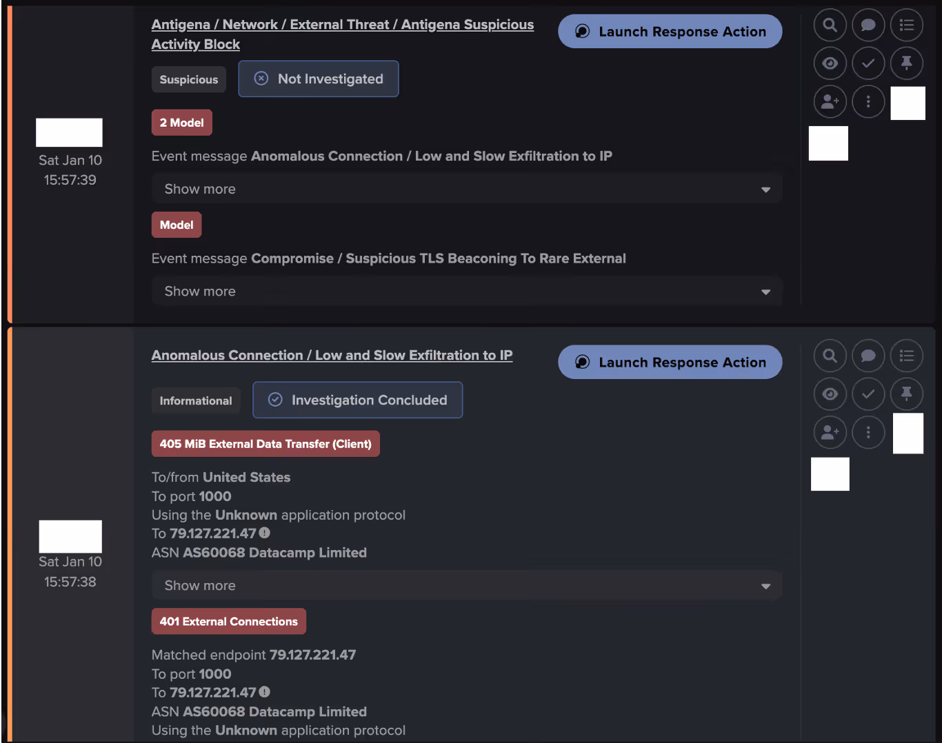 Darktrace Antigena (Autonomous Response) Model Alert Coverage, showcasing a Antigena Suspicious Activity Block alert occurred on January 10th as a result of the Low and Slow Exfiltration to IP model alert.
