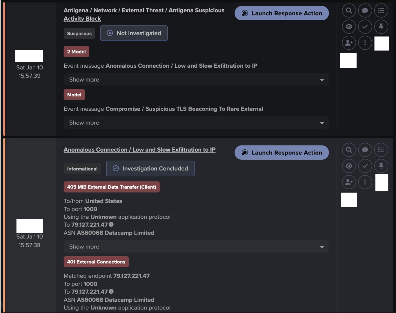 Darktrace Antigena (Autonomous Response) Model Alert Coverage, showcasing a Antigena Suspicious Activity Block alert occurred on January 10th as a result of the Low and Slow Exfiltration to IP model alert.