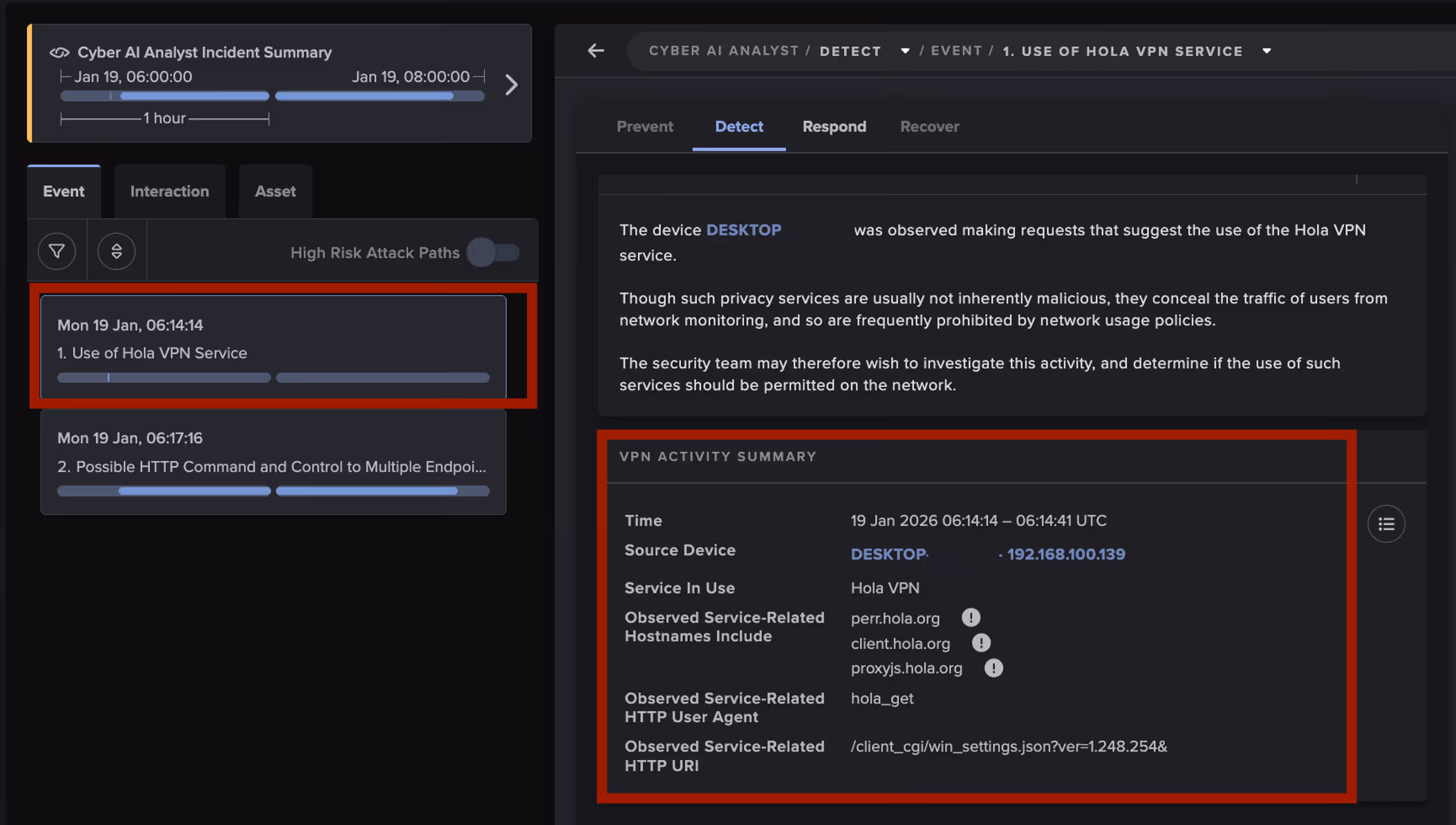 Cyber AI Analyst investigation highlighting Hola VPN service activity potentially associated with subsequent HTTP command-and-control (C2) connections.