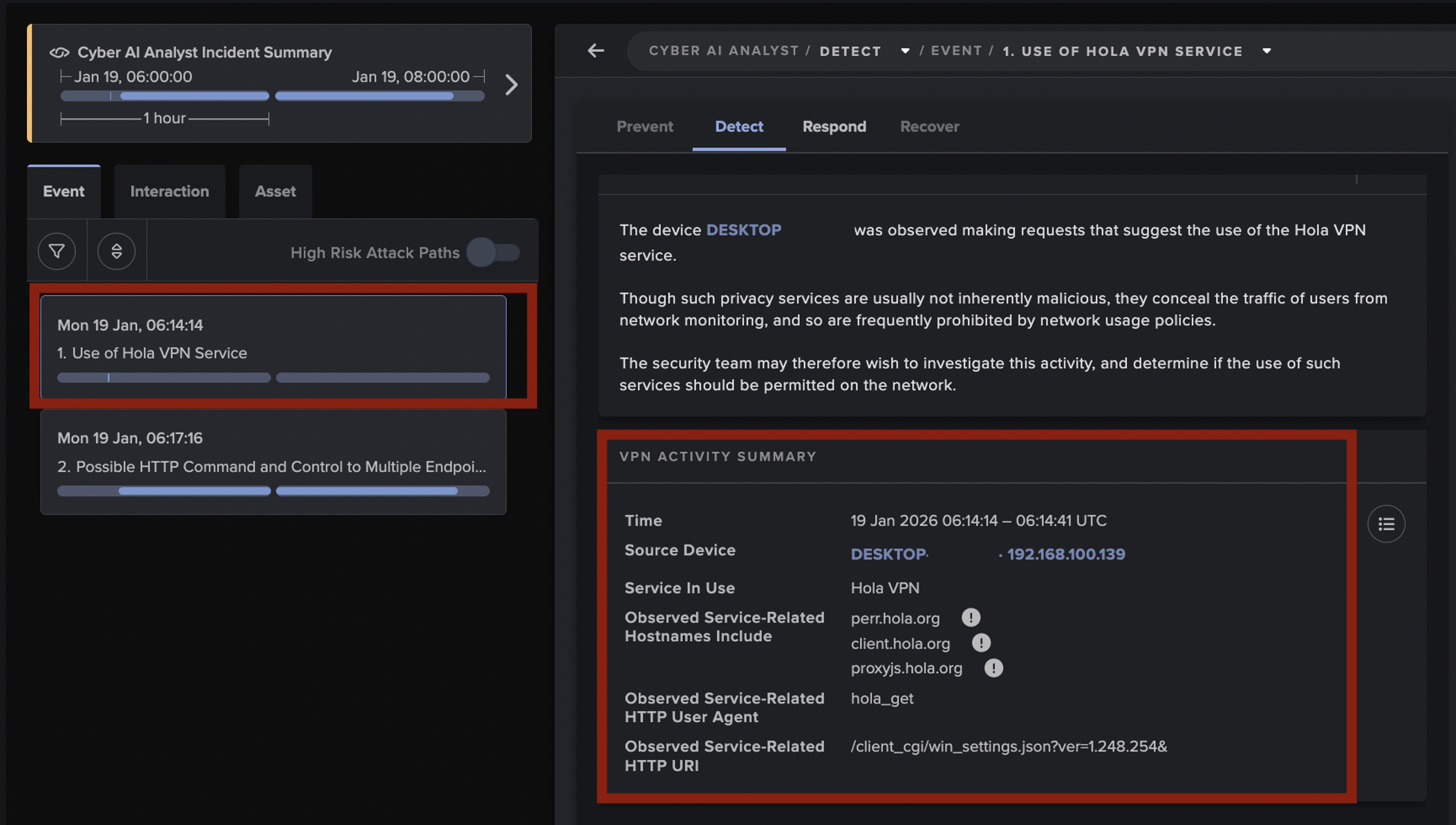 Cyber AI Analyst investigation highlighting Hola VPN service activity potentially associated with subsequent HTTP command-and-control (C2) connections.