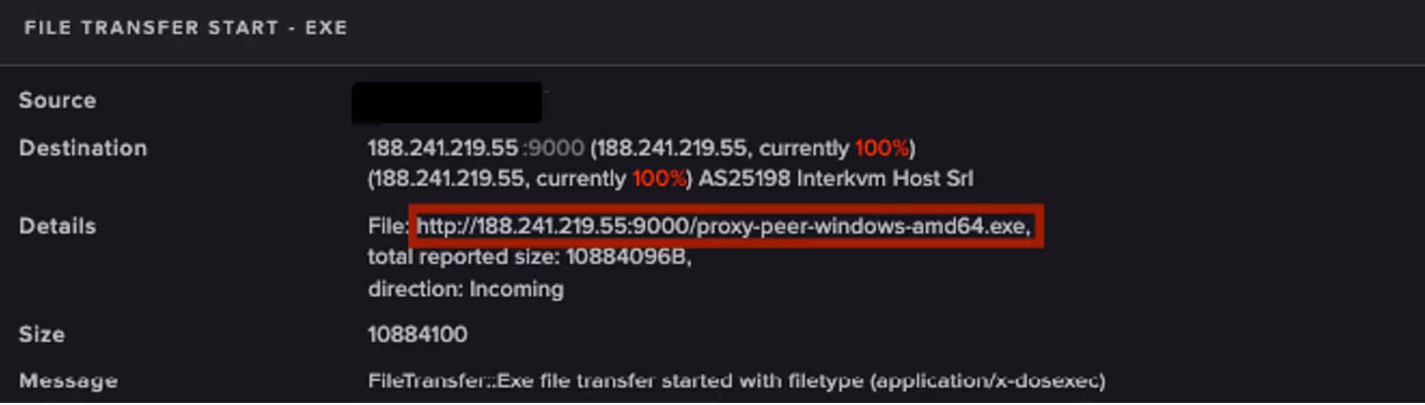  File transfer event showing the download of an executable  from the rare external endpoint 188.241.219[.]55.