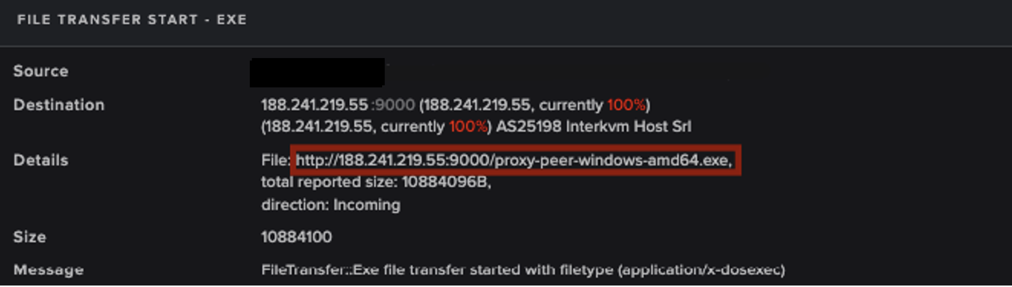  File transfer event showing the download of an executable  from the rare external endpoint 188.241.219[.]55.